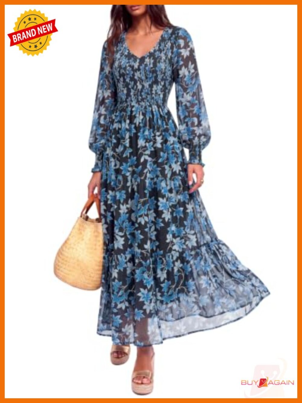 Womens Floral Maxi Dress Long Sleeve Smocked A Line Boho Tiered Pocket